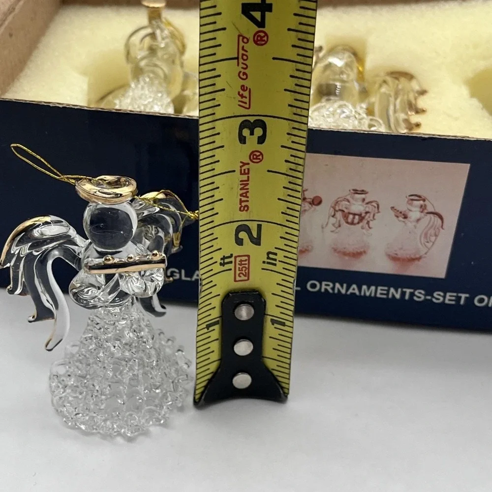 New in Box VTG Hand Blown Spun Glass Angel Christmas Ornaments Gold Trim